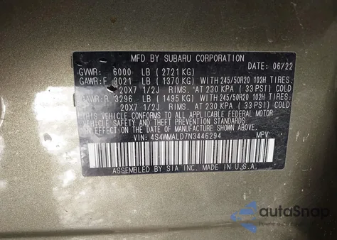 2022 Subaru Ascent Limited z USA, uszkodzony, nr VIN 4S4WMALD7N3446294